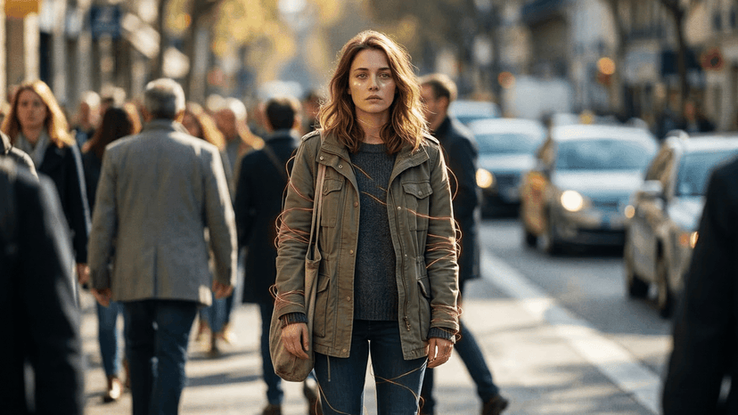 Kvinna, med smärta som inte syns, på en gata omgiven av folk.